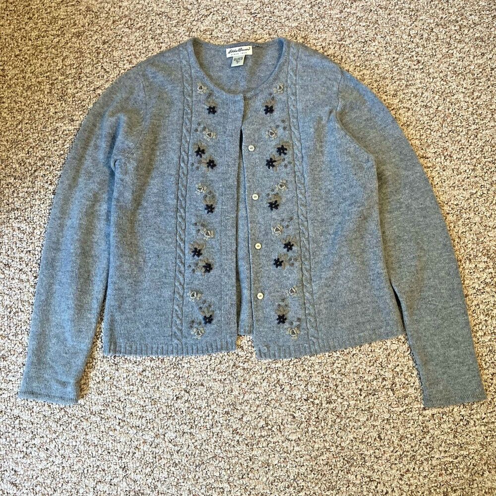 VTG Eddie Bauer Womens 100% Lambs Wool Cardigan Sweater Size M Tall Gray Cottage